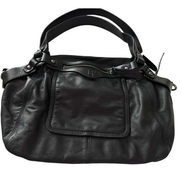 DONALD J PLINER black leather satchel purse, zip close, outside pocket, straps - Picture 1 of 5